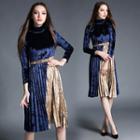 Long-sleeve Color-block Pleated Dress