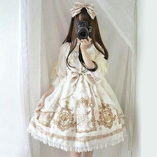 Printed Elbow-sleeve A-line Midi Dress / Bow Headband