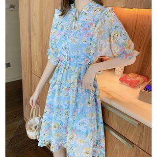 Short-sleeve Floral Tie-neck Dress