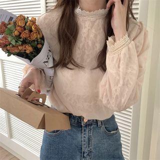 Long-sleeve Lace-trim Top Almond - One Size