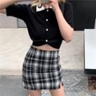 Short-sleeve Printed Collar Cropped Blouse / Plaid Mini Skirt