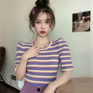 Balloon-sleeve Striped Ribbed T-shirt