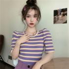 Balloon-sleeve Striped Ribbed T-shirt