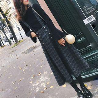 Bell-sleeve Knit Top / Plaid Midi A-line Jumper Skirt / Set