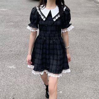 Peter Pan Lace Trim Plaid Dress