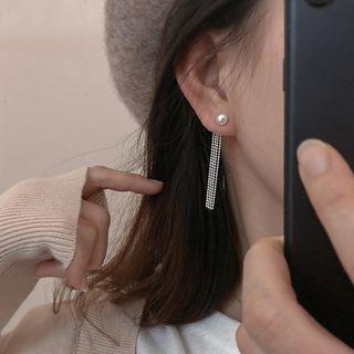 Faux-pearl Fringed Earring Silver - One Size