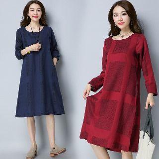 Round Neck Check A-line Dress