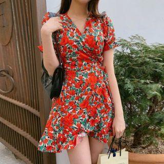 Short-sleeve Floral Print Mini Wrap Dress Red - One Size