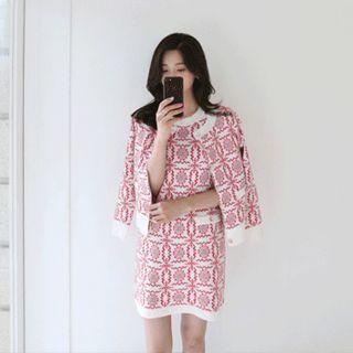 Set: Round-neck Patterned Cardigan + Sleeveless Knit Dress Ivory - One Size