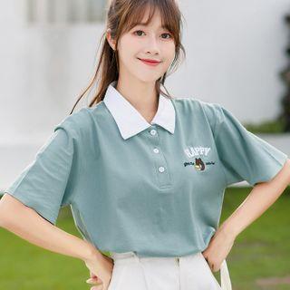 Elbow-sleeve Lettering Embroidered Polo Shirt