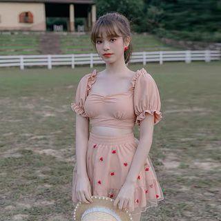 Puff-sleeve Floral Embroidered Swimdress