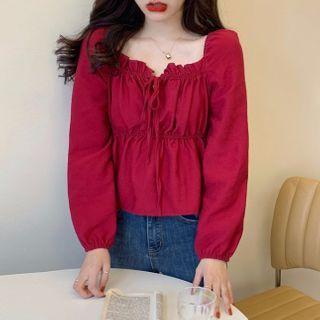 Long-sleeve Frill Trim Peplum Top Red - One Size