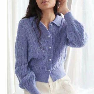 Collared Single-breasted Long-sleeve Cable-knit Cardigan