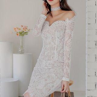 Long-sleeve Off-shoulder Sheath Lace Dress