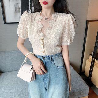V Neckline Lace Puff-sleeve Top With Sleeveless Top