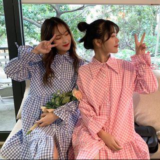 Long-sleeve Asymmetric Plaid Dress