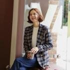 Metallic-button Double-breasted Plaid Blazer