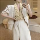 Puff-sleeve Flower Print Shirt / Plain Blazer / Side-slit Midi A-line Skirt