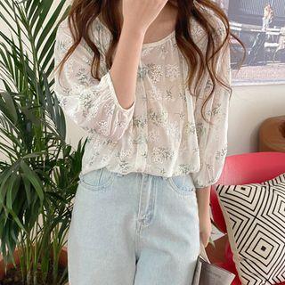 3/4 Sleeve Round Neck Floral Blouse White - One Size