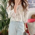3/4 Sleeve Round Neck Floral Blouse White - One Size