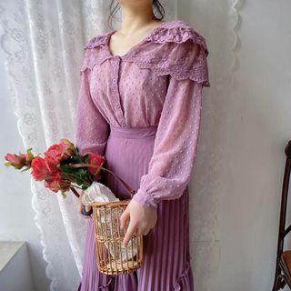 Long-sleeve Lace Top Lavender Purple - One Size
