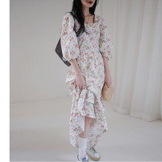 Lantern-sleeve Floral Maxi A-line Dress As Shown In Figure - One Size