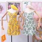 V-neck Printed Flower Lace Up Vest Dress