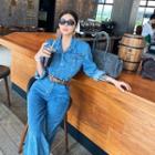 Denim Long-sleeve Straight-cut Jumpsuit
