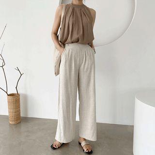 Pintuck-front Linen Blend Pants