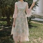 3/4-sleeve Mandarin Collar Midi A-line Lace Dress