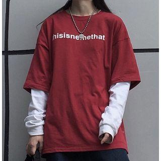 Lettering Elbow-sleeve T-shirt Wine Red - One Size
