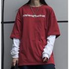 Lettering Elbow-sleeve T-shirt Wine Red - One Size