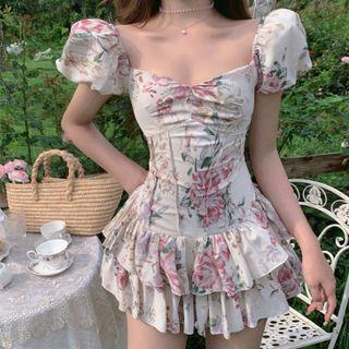 Short-sleeve Floral Layered Mini A-line Dress