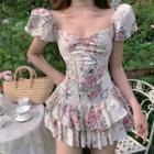 Short-sleeve Floral Layered Mini A-line Dress