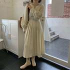 Long-sleeve Mesh Top / Pleated Midi A-line Dress