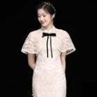 Set: Short-sleeve Embroidered Floral Midi Qipao + Cape