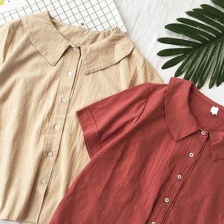 Plain Peter-pan Collar Linen Short-sleeve Blouse