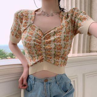 V-neck Floral Cropped Knit Top