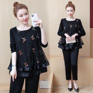 Set: Butterfly Print Ruffled Blouse + Capri Straight-cut Pants