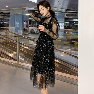 Long-sleeve Sequined Sequined Midi Dress