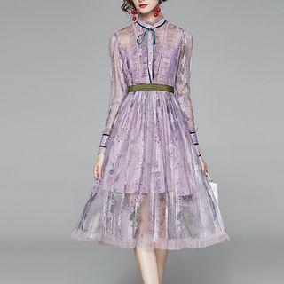 Floral Sheer Panel Long-sleeve A-line Dress