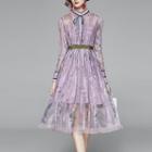 Floral Sheer Panel Long-sleeve A-line Dress