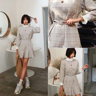 Frilled-neck Checked Dress With Belt