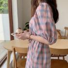 Puff-sleeve Plaid Dress With Sash Pink - One Size