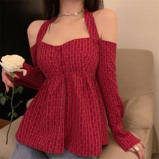 Long-sleeve Cold Shoulder Top Red - One Size