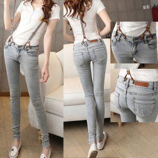 Distressed Skinny Jeans With Suspenders