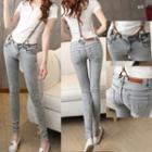 Distressed Skinny Jeans With Suspenders