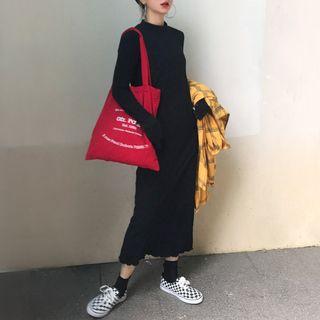 Plain Long-sleeve Midi Dress Black - One Size