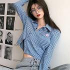 Long-sleeve Striped Collared Button-up Crop Top