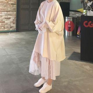 Balloon-sleeve Pullover Dress / Long-sleeve Midi Lace Dress